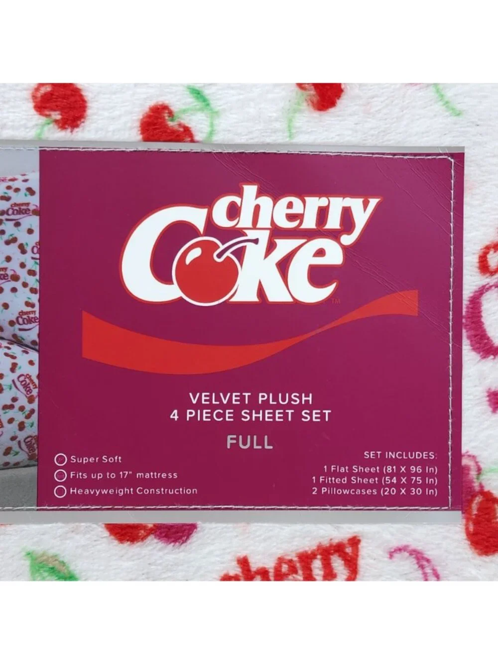 Cherry Coke Velvet Plush 4-Piece Sheet Set Full Double Super Soft Fit To 17